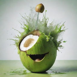 A surreal and chaotic image depicting a young green coconut infused with abstract elements of madness.