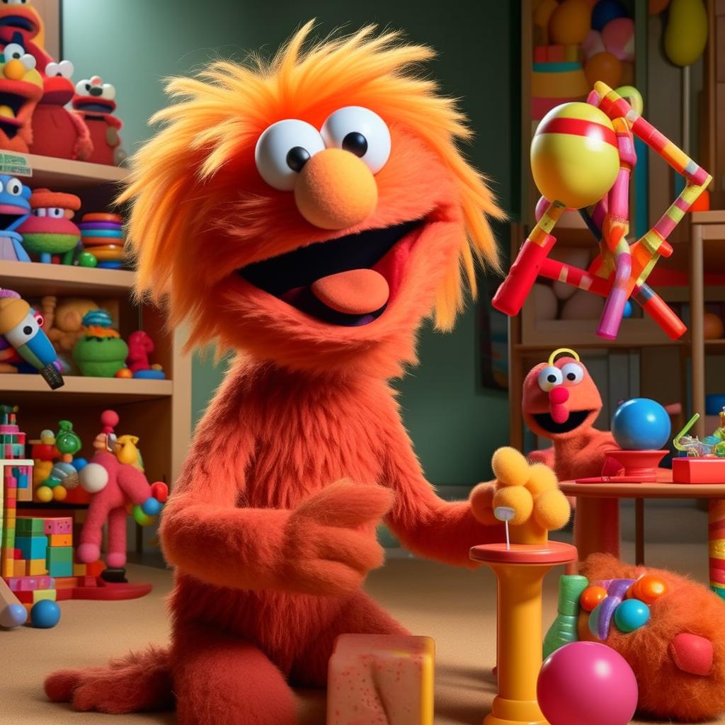 A hairless version of Elmo, the beloved character from Sesame Street, engaging in typical Elmo activities such as laughing, playing with toys, and singing.