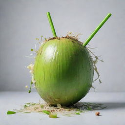 A surreal and chaotic image depicting a young green coconut infused with abstract elements of madness.