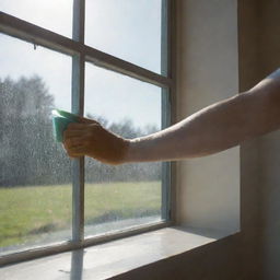 A person meticulously cleaning a large glass window using a squeegee and soap. Sunlight is reflecting off the freshly cleaned portions, showcasing their thorough work.