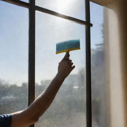 A person meticulously cleaning a large glass window using a squeegee and soap. Sunlight is reflecting off the freshly cleaned portions, showcasing their thorough work.