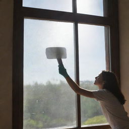 A person meticulously cleaning a large glass window using a squeegee and soap. Sunlight is reflecting off the freshly cleaned portions, showcasing their thorough work.