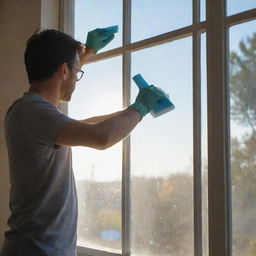 A person meticulously cleaning a large glass window using a squeegee and soap. Sunlight is reflecting off the freshly cleaned portions, showcasing their thorough work.