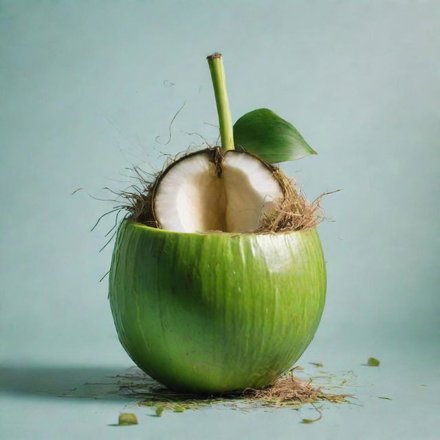 A surreal and chaotic image depicting a young green coconut infused with abstract elements of madness.