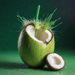 A surreal and chaotic image depicting a young green coconut infused with abstract elements of madness.