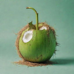 A surreal and chaotic image depicting a young green coconut infused with abstract elements of madness.