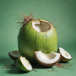 A surreal and chaotic image depicting a young green coconut infused with abstract elements of madness.