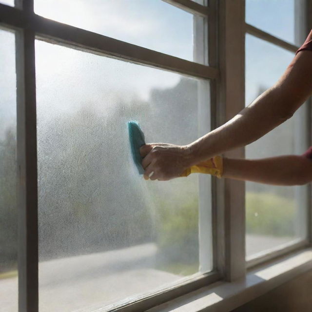 A person meticulously cleaning a large glass window using a squeegee and soap. Sunlight is reflecting off the freshly cleaned window, signaling a job well done.