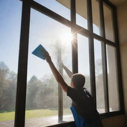 A person meticulously cleaning a large glass window using a squeegee and soap. Sunlight is reflecting off the freshly cleaned window, signaling a job well done.