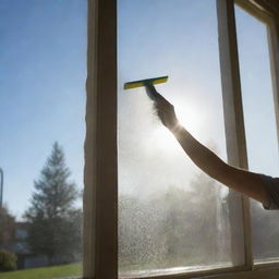 A person meticulously cleaning a large glass window using a squeegee and soap. Sunlight is reflecting off the freshly cleaned window, signaling a job well done.