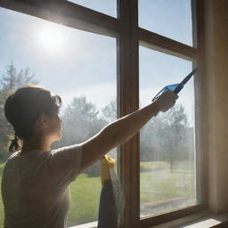 A person meticulously cleaning a large glass window using a squeegee and soap. Sunlight is reflecting off the freshly cleaned window, signaling a job well done.