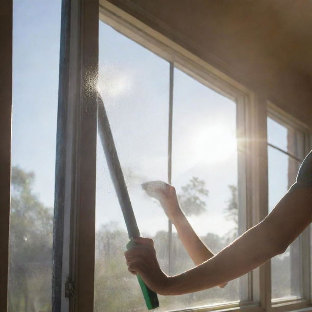 A person meticulously cleaning a large glass window using a squeegee and soap. Sunlight is reflecting off the freshly cleaned window, making it gleam.