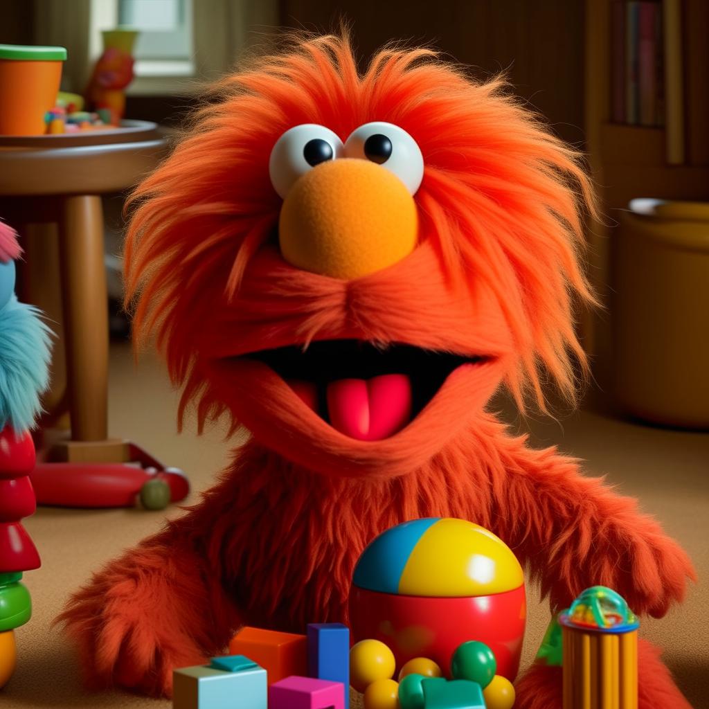 A hairless version of Elmo, the beloved character from Sesame Street, engaging in typical Elmo activities such as laughing, playing with toys, and singing.