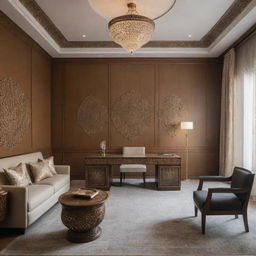 Interior view of a director's room, showcasing a blend of modern and Islamic design elements, featuring sleek contemporary furniture offset with intricate Middle Eastern motifs and art