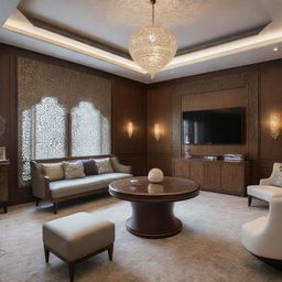 Interior view of a director's room, showcasing a blend of modern and Islamic design elements, featuring sleek contemporary furniture offset with intricate Middle Eastern motifs and art