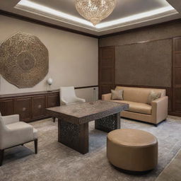 Interior view of a director's room, showcasing a blend of modern and Islamic design elements, featuring sleek contemporary furniture offset with intricate Middle Eastern motifs and art