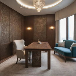 Interior view of a director's room, showcasing a blend of modern and Islamic design elements, featuring sleek contemporary furniture offset with intricate Middle Eastern motifs and art