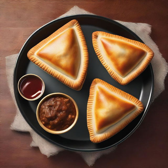 This is a top view of a plate containing three triangular meat pies, freshly baked to a golden brown