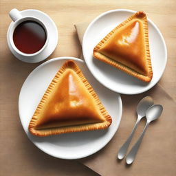 This is a top view of a plate containing three triangular meat pies, freshly baked to a golden brown