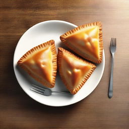 This is a top view of a plate containing three triangular meat pies, freshly baked to a golden brown