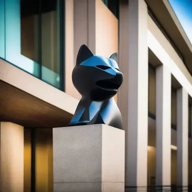 The sculpture of a bearcat adds a unique and artistic touch to the modern architectural design of the building.
