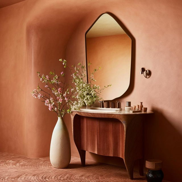 A sophisticated bathroom scene featuring a Venetian plaster wall, a stylish bathroom vanity, a terracotta-tiled floor, blossoming flowers in a delicate jar, and a mirror with an organic shape.