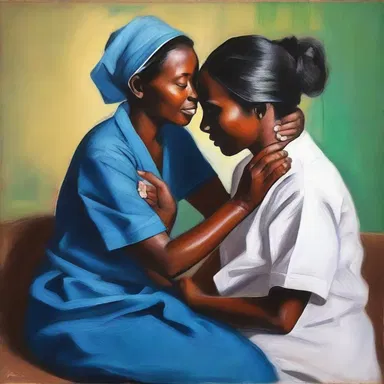 The painting titled 'The Healing Touch' portrays a medical extern compassionately caring for a patient, capturing the essence of their noble profession.