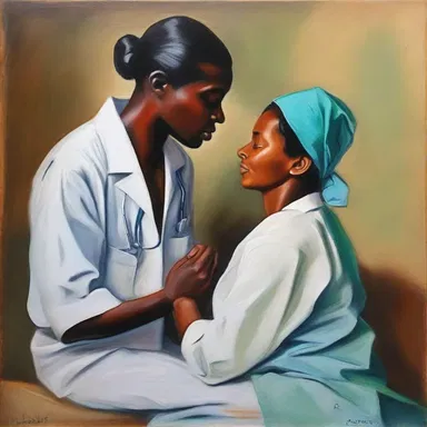 The painting titled 'The Healing Touch' portrays a medical extern compassionately caring for a patient, capturing the essence of their noble profession.