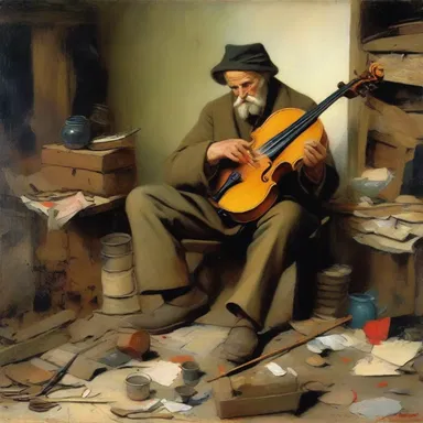 The painting depicted a fiddler surrounded by broken objects, symbolizing the futile attempts of an unskilled repairman.