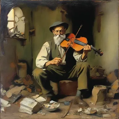 The painting depicted a fiddler surrounded by broken objects, symbolizing the futile attempts of an unskilled repairman.