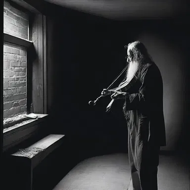 The dark room was filled with an eerie atmosphere as the fiddler's fingers twitched and twisted, creating a spine-chilling sound.