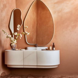 A sophisticated bathroom scene featuring a Venetian plaster wall, a stylish bathroom vanity, a terracotta-tiled floor, blossoming flowers in a delicate jar, and a mirror with an organic shape.