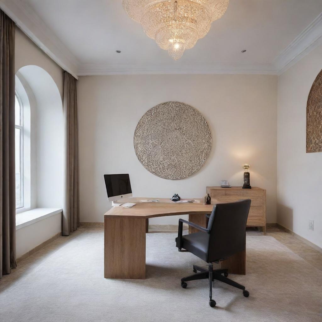 Director's room showcasing a new age Islamic design, tastefully minimalist in its decoration, opting for subtlety in including Islamic elements, creating an elegant, serene workspace