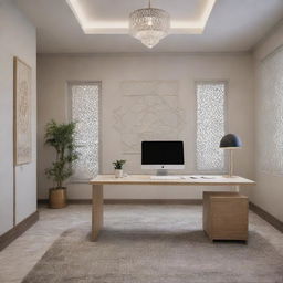 Director's room showcasing a new age Islamic design, tastefully minimalist in its decoration, opting for subtlety in including Islamic elements, creating an elegant, serene workspace