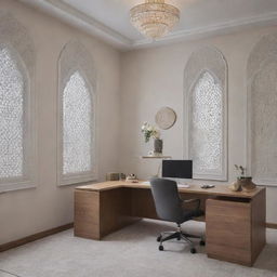 Director's room showcasing a new age Islamic design, tastefully minimalist in its decoration, opting for subtlety in including Islamic elements, creating an elegant, serene workspace