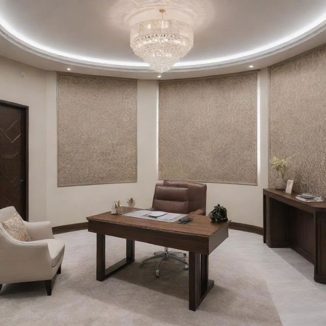 Director's room showcasing a new age Islamic design, tastefully minimalist in its decoration, opting for subtlety in including Islamic elements, creating an elegant, serene workspace