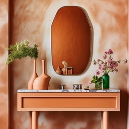 A sophisticated bathroom scene featuring a Venetian plaster wall, a stylish bathroom vanity, a terracotta-tiled floor, blossoming flowers in a delicate jar, and a mirror with an organic shape.