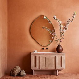 A sophisticated bathroom scene featuring a Venetian plaster wall, a stylish bathroom vanity, a terracotta-tiled floor, blossoming flowers in a delicate jar, and a mirror with an organic shape.