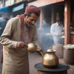 A humble chai-wala, or tea vendor, in traditional Indian clothing, pouring steaming hot tea from a brass kettle into a ceramic cup against the backdrop of a bustling Indian marketplace.