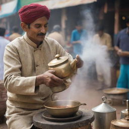 A humble chai-wala, or tea vendor, in traditional Indian clothing, pouring steaming hot tea from a brass kettle into a ceramic cup against the backdrop of a bustling Indian marketplace.