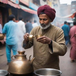 A humble chai-wala, or tea vendor, in traditional Indian clothing, pouring steaming hot tea from a brass kettle into a ceramic cup against the backdrop of a bustling Indian marketplace.