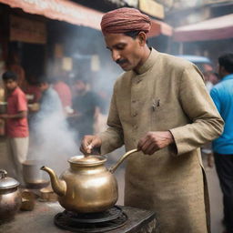 A humble chai-wala, or tea vendor, in traditional Indian clothing, pouring steaming hot tea from a brass kettle into a ceramic cup against the backdrop of a bustling Indian marketplace.