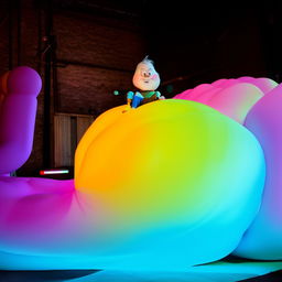 Imaginary cartoon character Big Chungus sitting on a large, colorful, abstract shape referred to as a clungus.