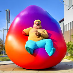 Imaginary cartoon character Big Chungus sitting on a large, colorful, abstract shape referred to as a clungus.