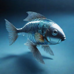 A sophisticated, metallic robot shaped like a detailed tropical fish, navigating through crystal-clear water, reflecting light from its shiny surface.