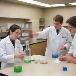 An image of a high school science laboratory, featuring a person demonstrating a chemistry experiment to students. The lab is equipped with typical apparatuses while the instructor and students are wearing safety goggles.