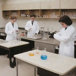 An image of a high school science laboratory, featuring a person demonstrating a chemistry experiment to students. The lab is equipped with typical apparatuses while the instructor and students are wearing safety goggles.