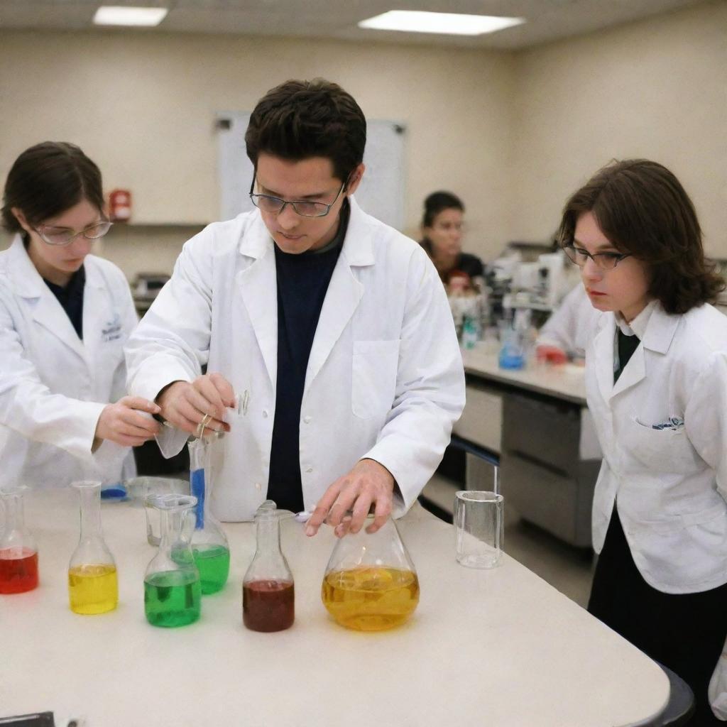 An image of a high school science laboratory, featuring a person demonstrating a chemistry experiment to students. The lab is equipped with typical apparatuses while the instructor and students are wearing safety goggles.