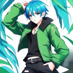 An anime character with striking green eyes and vibrant blue hair is shown