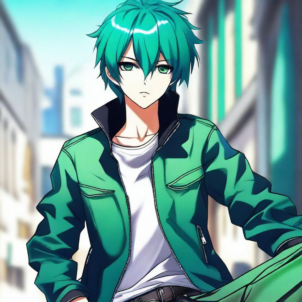 An anime character with striking green eyes and vibrant blue hair is shown